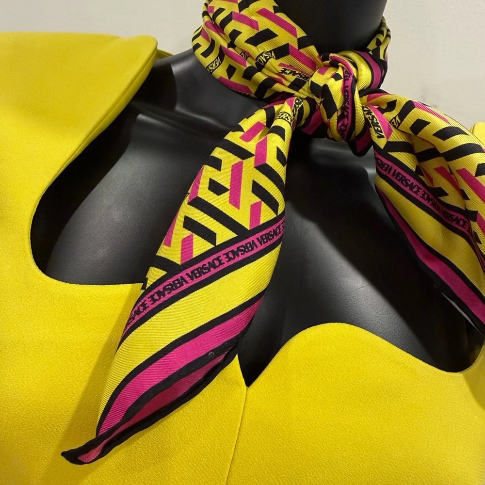 VERSACE Silk Logo Scarf Yellow Pink Black Medusa Pattern – New